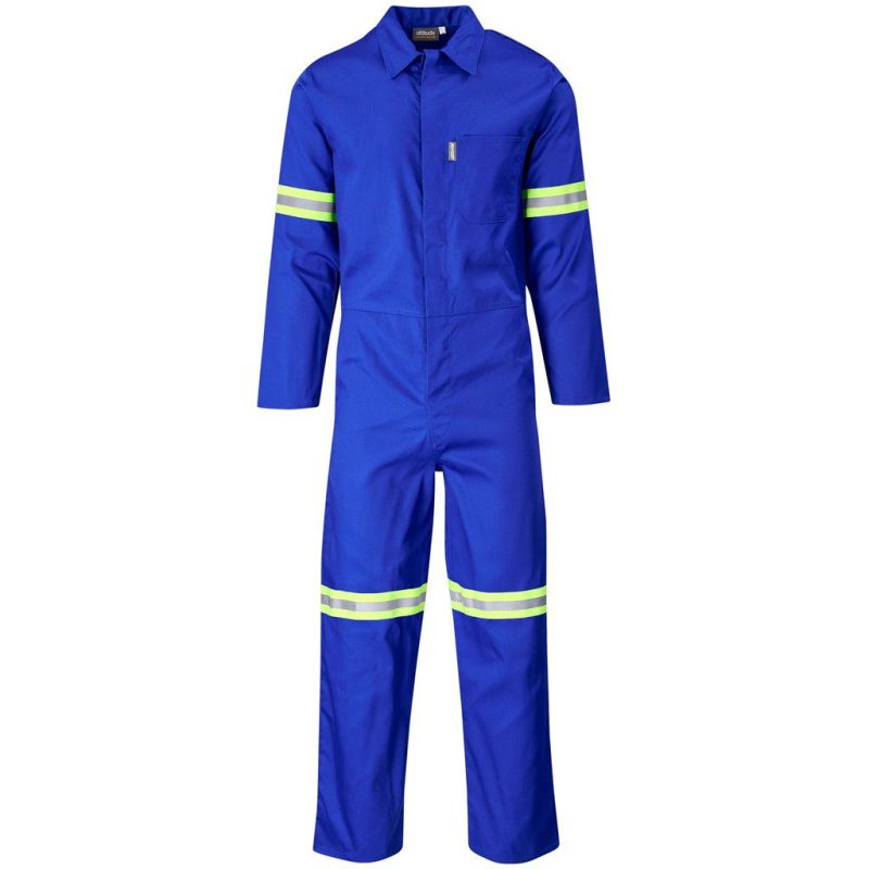 Safety Polycotton Boiler Suit - Reflective Arms Legs & Back - Yellow Tape- Royal Blue