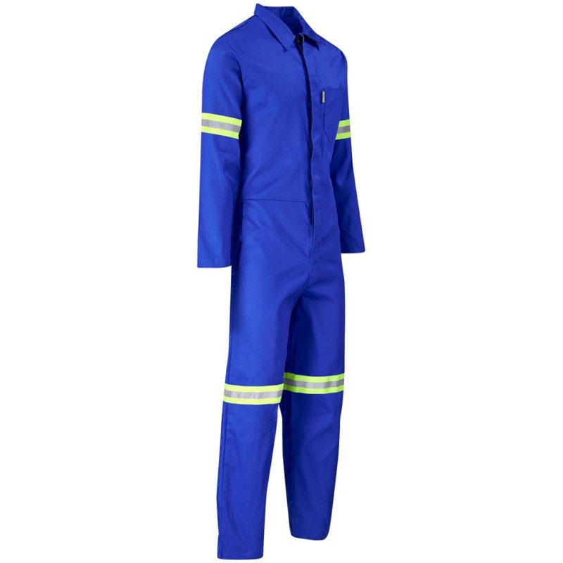 Safety Polycotton Boiler Suit - Reflective Arms Legs & Back - Yellow Tape- Royal Blue