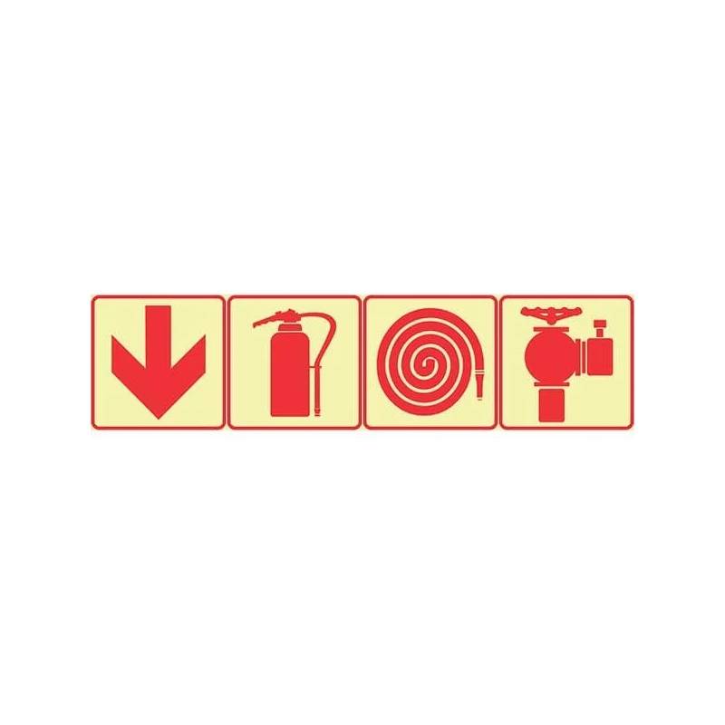 SABS Red Arrow Down, Fire Extinguisher, Fire Hose Reel And Fire Hydrant Photoluminescent (glow in the dark) safety sign (F1) Arrow Fire Extinguisher Hose Reel + Fire Hydrant Sign
