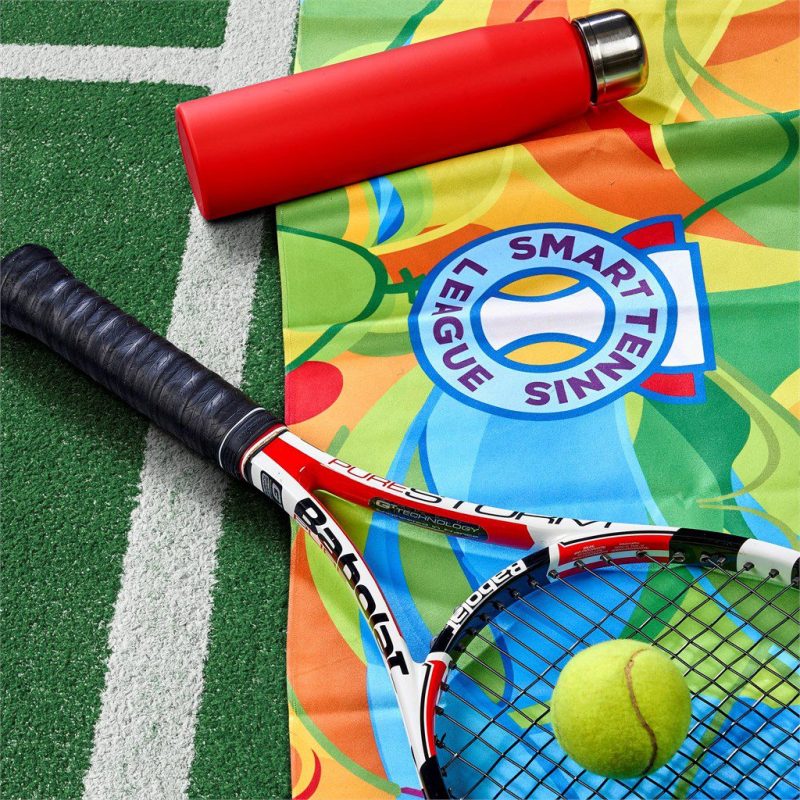 Pre-Printed Sample Hoppla Relay Sports Towel - Dual Branding Lifestyle Image