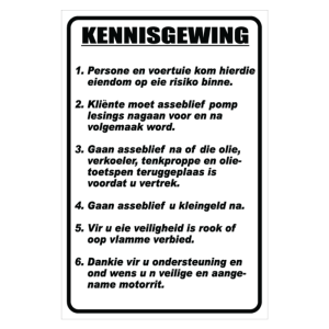 Notice Garage Afrikaans Sign