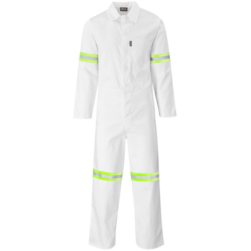 WHITE Safety Polycotton Boiler Suit - Reflective Arms Legs & Back - Orange Tape
