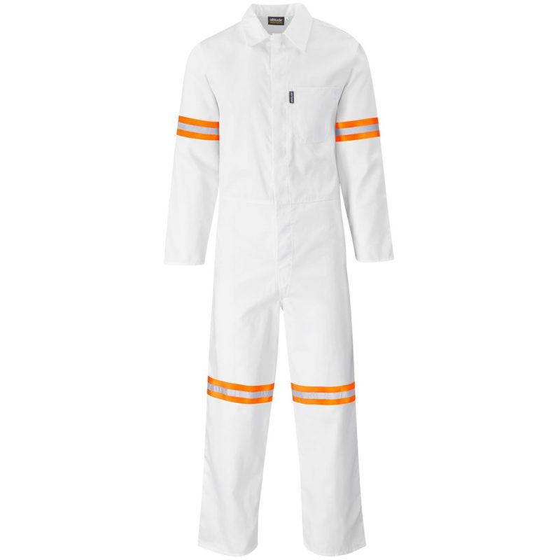 WHITE Safety Polycotton Boiler Suit - Reflective Arms Legs & Back - Orange Tape