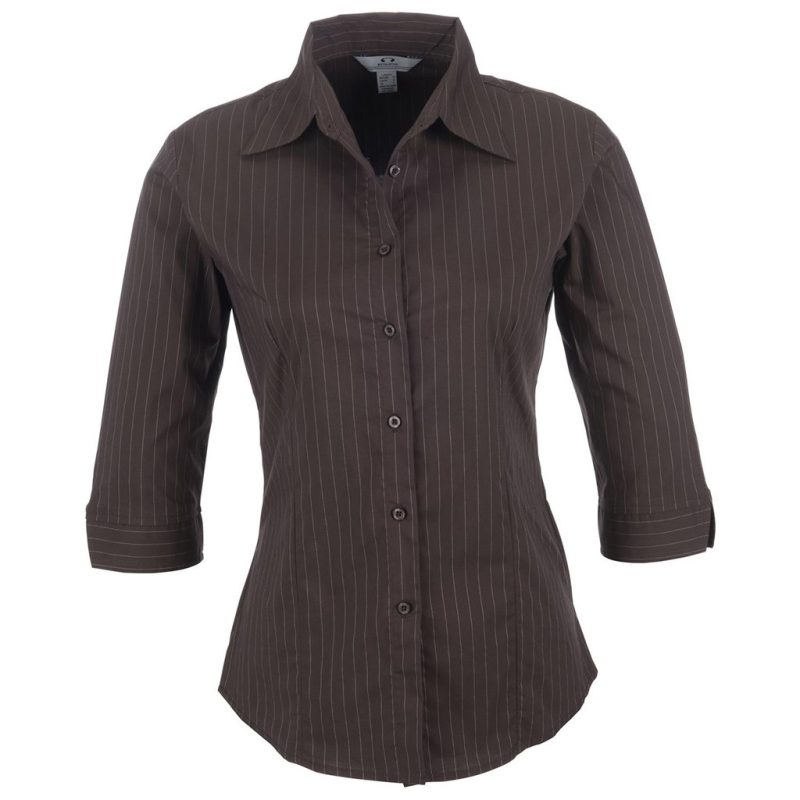 BIZ-3625-BR_1024X1024 BROWN OLD Ladies 3/4 Sleeve Manhattan Striped Shirt - Brown Old