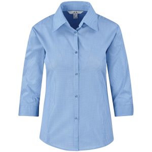 Light Blue Ladies 3/4 Sleeve Micro Check Shirt - Light Blue
