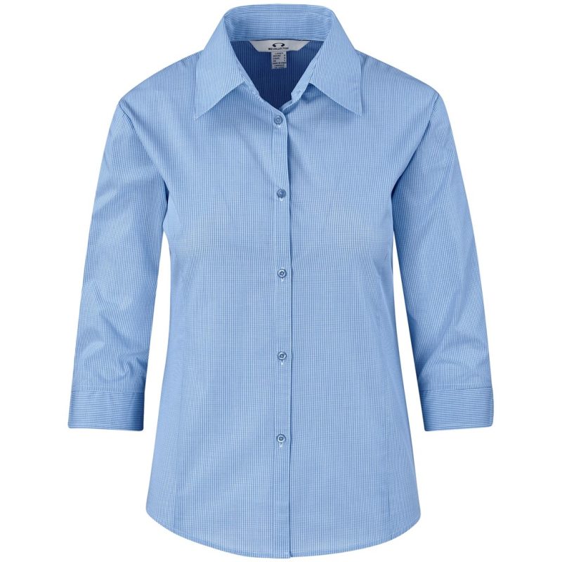 Light Blue Ladies 3/4 Sleeve Micro Check Shirt - Light Blue