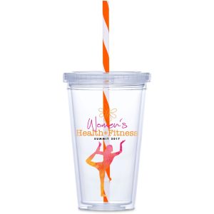 ORANGE Malibu Double-Wall Plastic Tumbler & Straw - 470ml - Orange