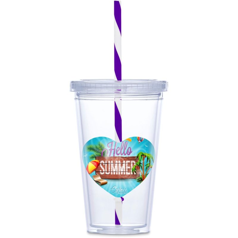 PURPLE Malibu Double-Wall Plastic Tumbler & Straw - 470ml - Purple