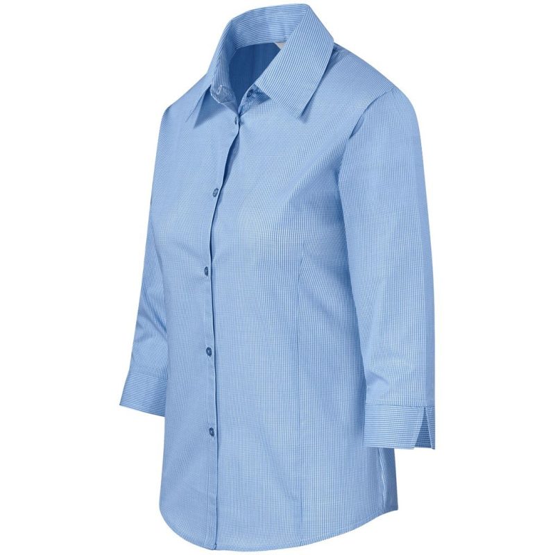 Ladies 3/4 Sleeve Micro Check Shirt - Light Blue additionalClearanceImage